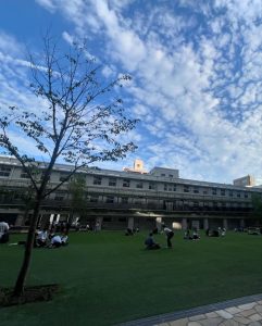 校庭のような建物の中庭。青空が広がる。