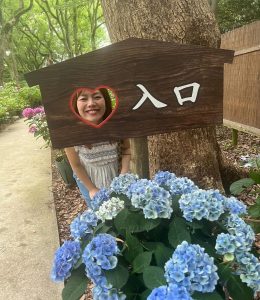 顔出しパネル顔出す女性の前に紫陽花
