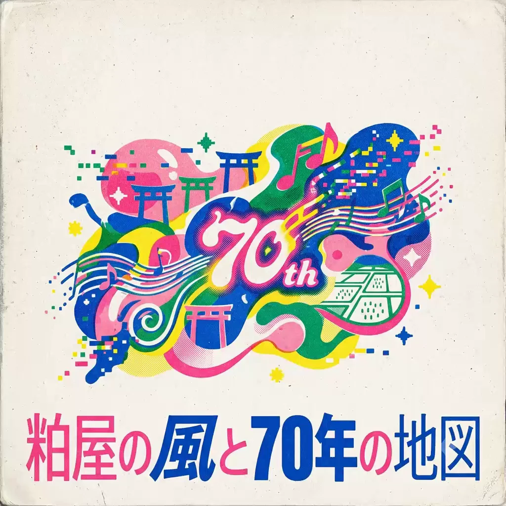 HEART-FULL テーマソング「粕屋の風と70年の地図」のジャケット。鳥居・音符・田んぼの地図を重ねた色鮮やかな絵柄に「70th」の文字