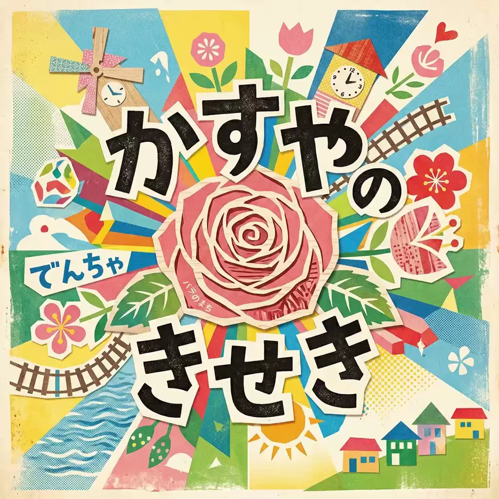 粕屋町70周年お祝いソング「かすやのきせき」のジャケット。バラの花を中心に、線路や家並み、風車が描かれている