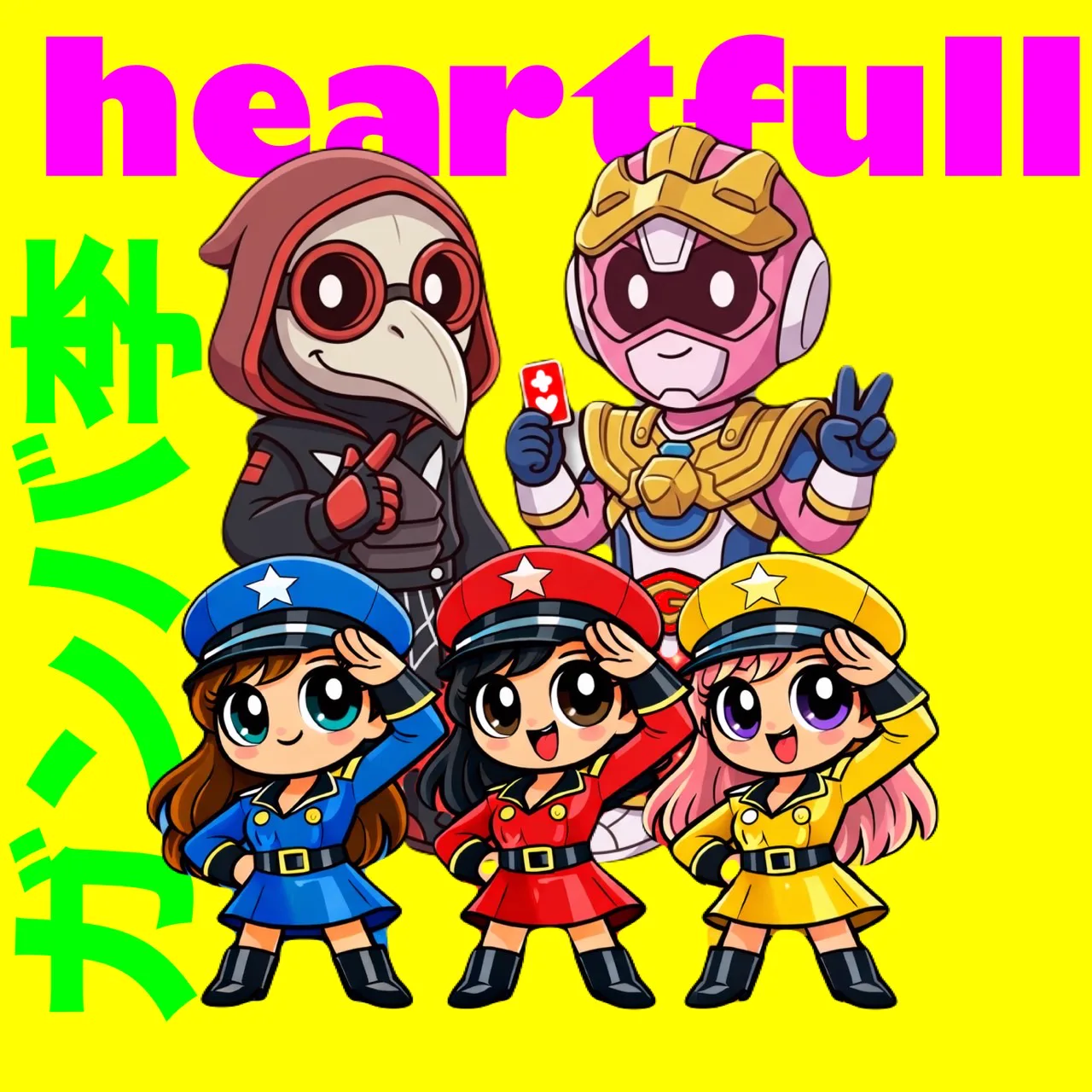 「heartfull 粕屋ソング」の文字と、HEART-FULL のキャラクターたちのイラスト