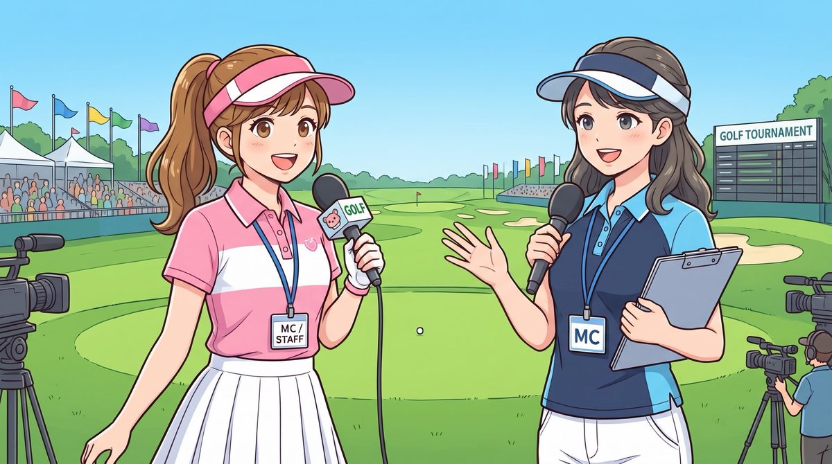 ゴルフ場でマイクを持ち、笑顔でアナウンスする2人のMCのイラスト